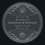 Silver Elegant Tarot Wedding Classic Round Sticker<br><div class="desc">Elegant and modern wedding design inspired by a tarot card. Design is not real foil. You can customize this further by clicking on the "PERSONALIZE" button. Matching Items in our shop for a complete party theme. For further questions please contact us at ThePaperieGarden@gmail.com</div>