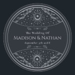 Silver Elegant Tarot Wedding Classic Round Sticker<br><div class="desc">Elegant and modern wedding design inspired by a tarot card. Design is not real foil. You can customize this further by clicking on the "PERSONALIZE" button. Matching Items in our shop for a complete party theme. For further questions please contact us at ThePaperieGarden@gmail.com</div>