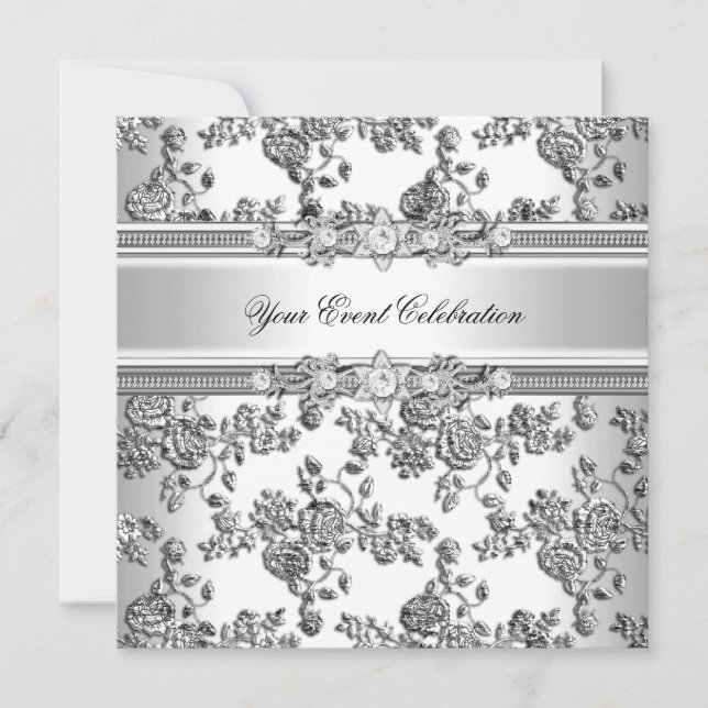 Silver Embossed Look White Elegant Party Invitation (Front)