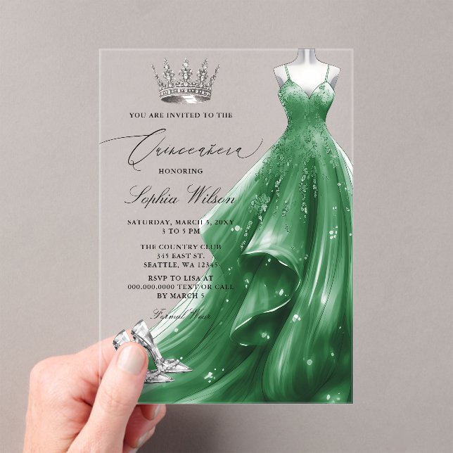 Silver Emerald Dress Princess Quinceañera  Acrylic Invitations (Insitu (Handheld))