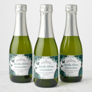 Silver Emerald Floral Quinceañera Birthday Favour Sparkling Wine Label