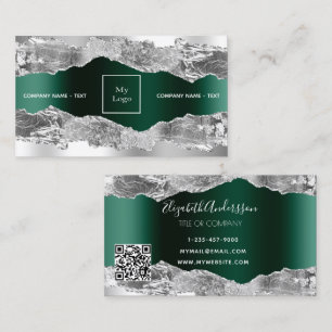 Silver emerald green agate marble logo QR code Business Card