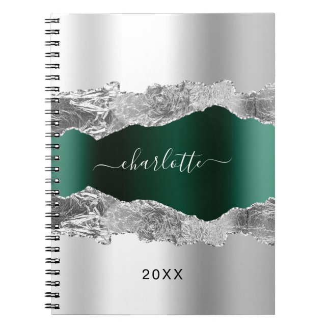 Silver emerald green agate marble name script notebook (Front)