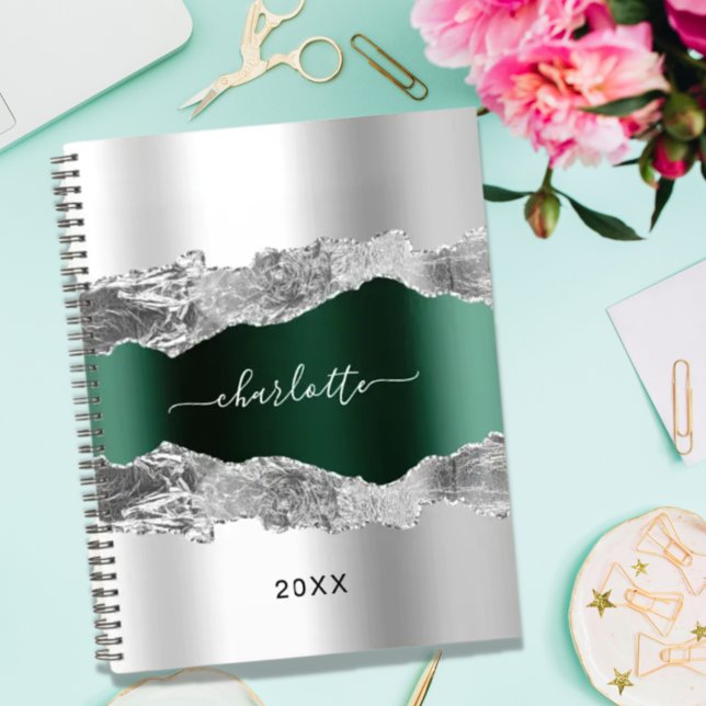 Silver emerald green agate marble name script notebook (Creator Uploaded)