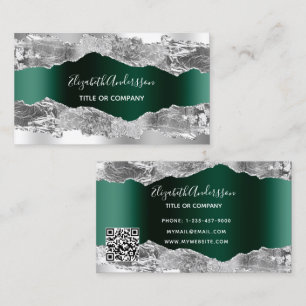 Silver emerald green agate marble QR code Business Card