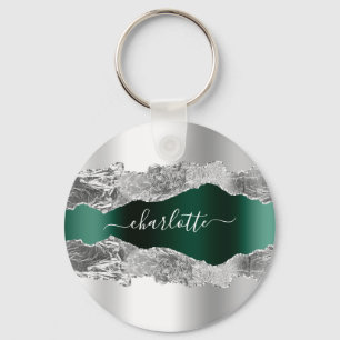 Silver emerald green metal agate marble name  keychain