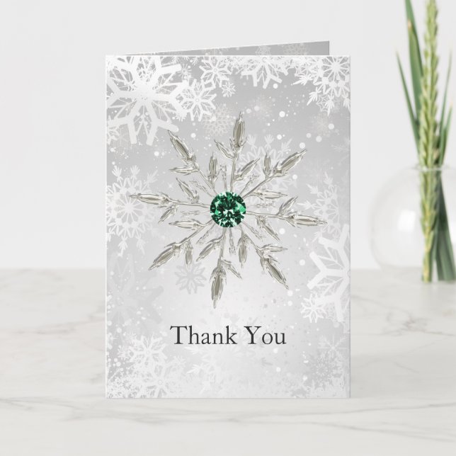silver emerald green snowflakes wedding Thank You (Front)