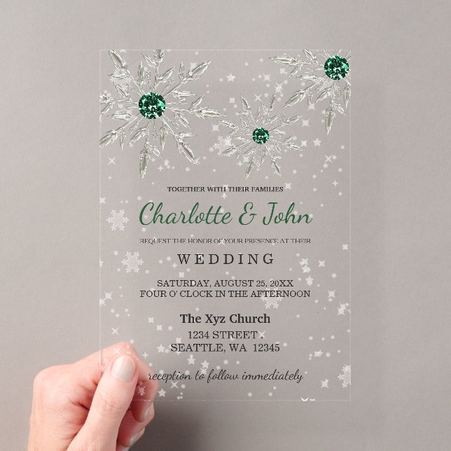 Silver Emerald Green snowflakes Winter Wedding Acrylic Invitations (Insitu (Handheld))