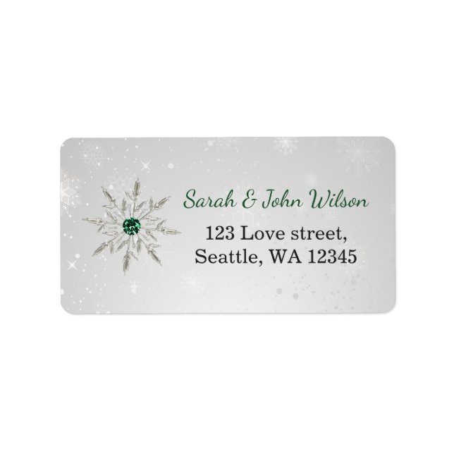 silver emerald green snowflakes winter wedding label (Front)