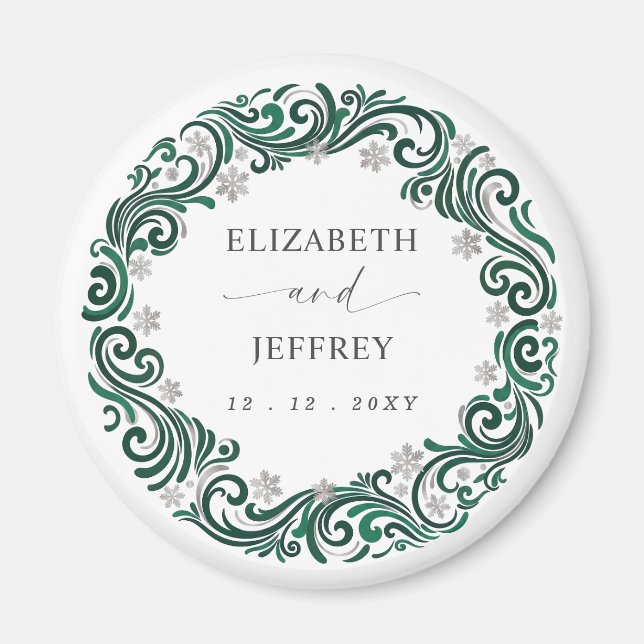 Silver Emerald Green Snowflakes Winter Wedding Magnet (Front)