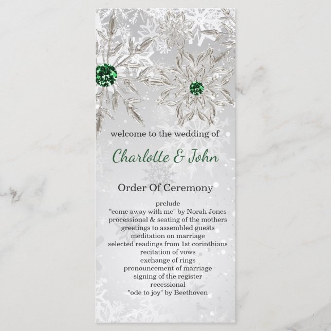 silver Emerald Green snowflakes winter wedding Program (Front)