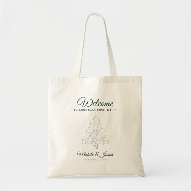 Silver Emerald Green Winter Wedding Welcome Tote Bag (Front)