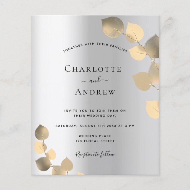 Silver eucalyptus golden modern wedding invitation (Front)