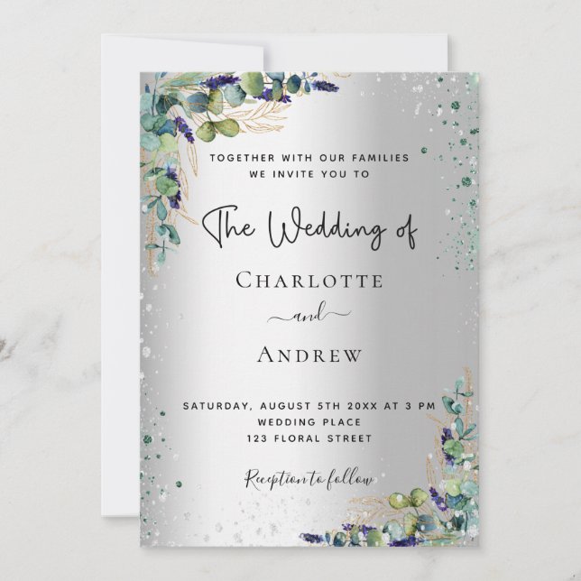 Silver Eucalyptus greenery script wedding Invitation (Front)