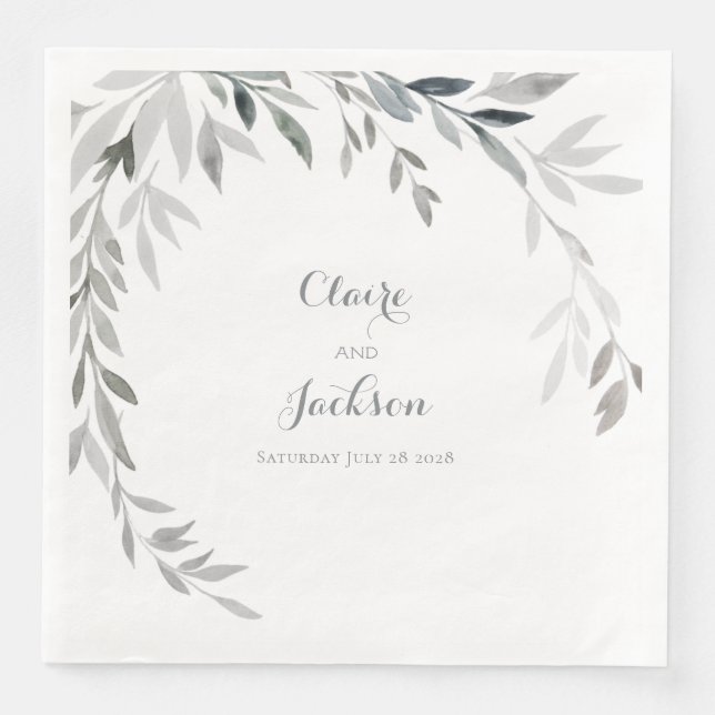 Silver Eucalyptus Greenery Square Dinner Napkins (Front)