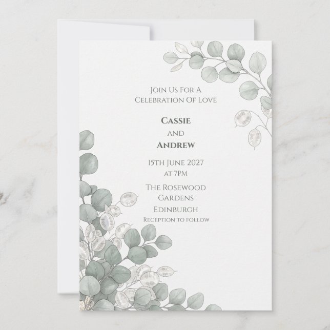 Silver Eucalyptus Lunaria Wedding Invitation (Front)