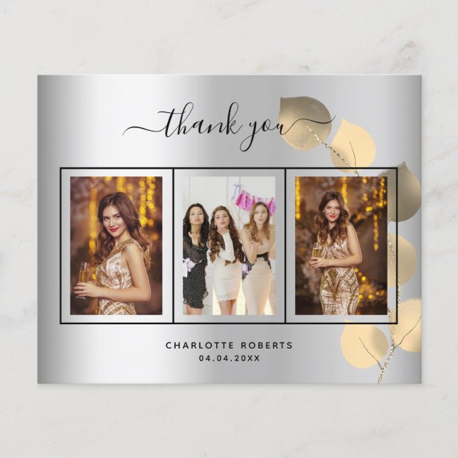 Silver eucalyptus photo birthday thank you card (Front)