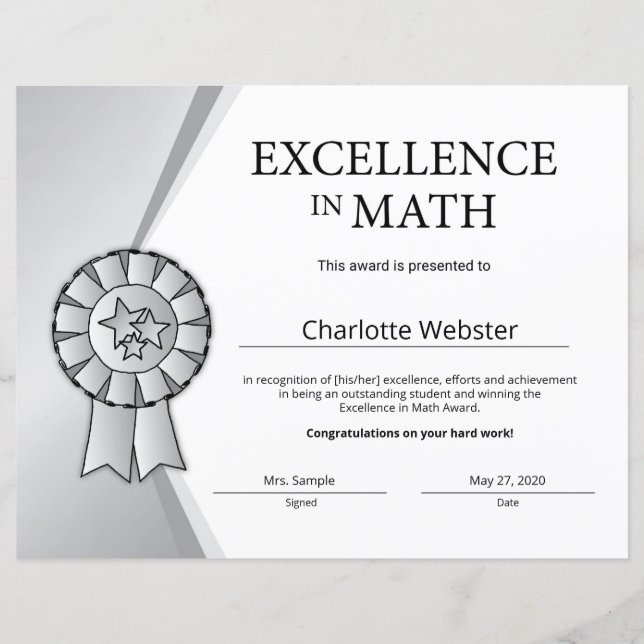 Silver Excellence in Math Certificate Award (Front)