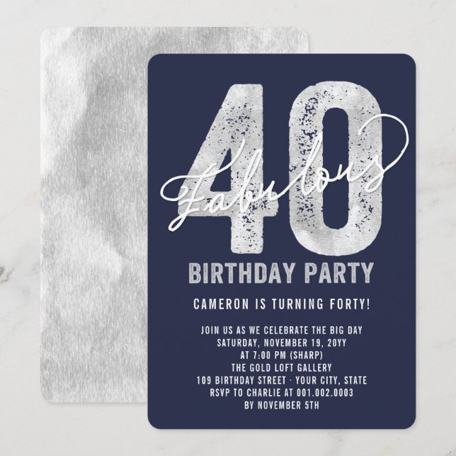 Silver Fabulous Forty 40th Birthday Party Invite (Front/Back)