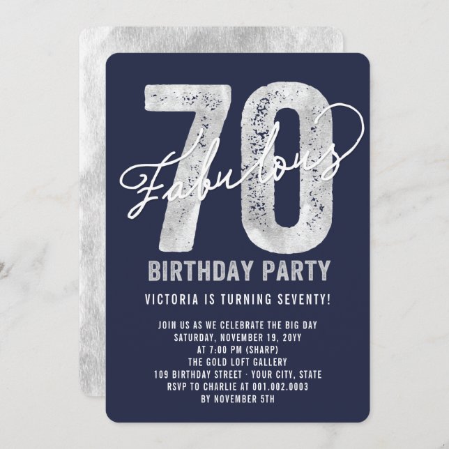 Silver Fabulous Seventy 70th Birthday Party Invite (Front/Back)