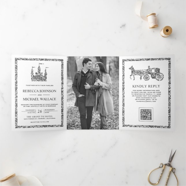 Silver Fairytale Castle Carriage QR Code Wedding Tri-Fold Invitation (Inside)