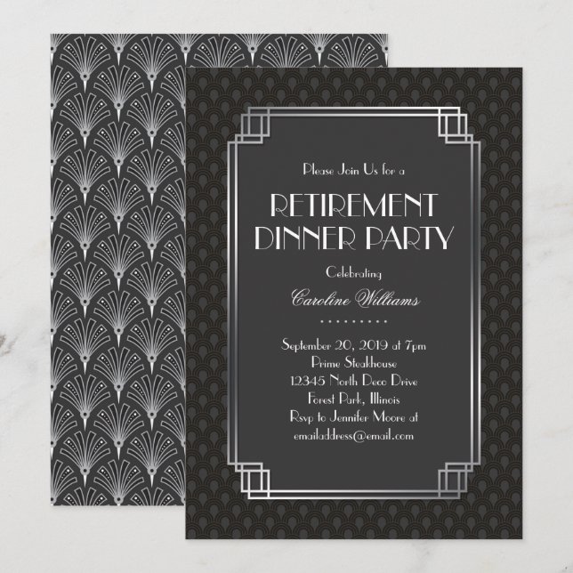 Silver Fans Art Deco Retirement Party Invitation (Front/Back)