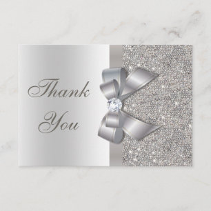 Silver Faux Bow & Diamonds Thank You Card