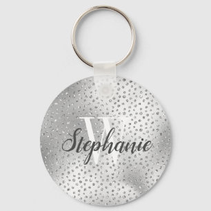 Silver Faux Diamond Confetti Pattern Monogram Keychain