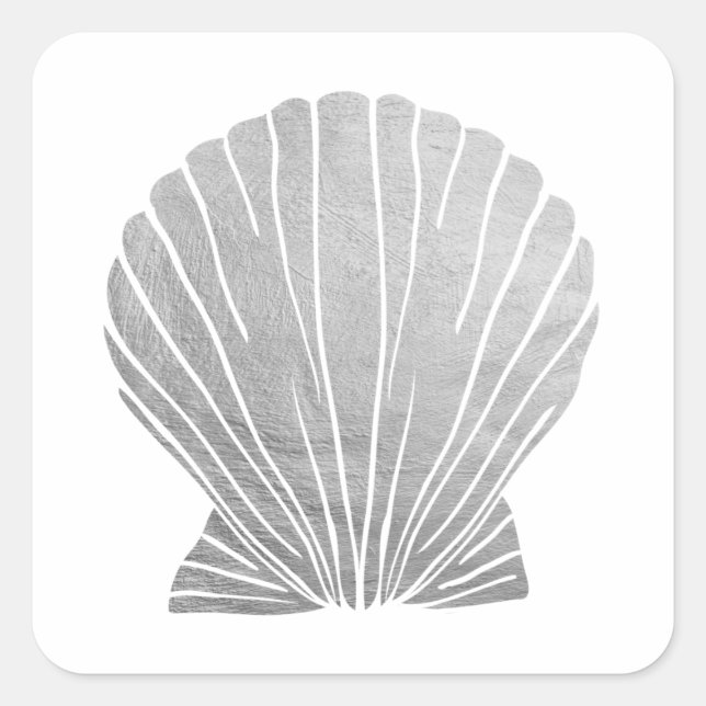 Silver Faux Elegant Metallic Seashell Wedding Squa Square Sticker (Front)