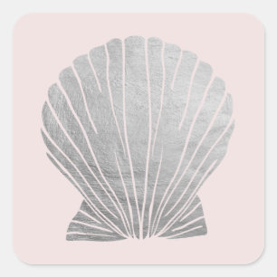 Silver Faux Elegant Metallic Seashell Wedding Square Sticker