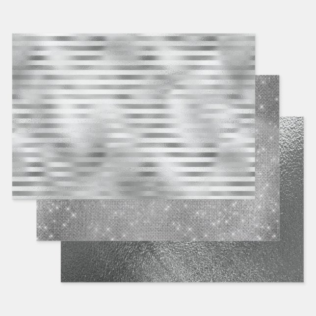 Silver Faux Foil Mix and Match 3 Wrapping Paper Sheet (Set)