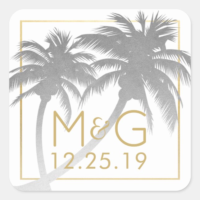 Silver Faux Foil Palm Tree Wedding Monogram Square Sticker (Front)