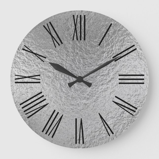 Silver Faux Foil Texture Black Roman Numerals Large Clock (Front)