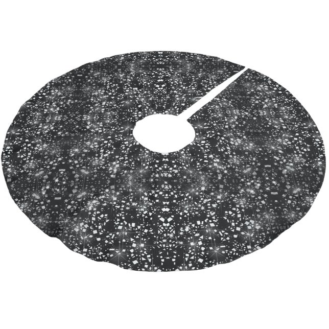 Silver Faux Glass Glitter Sparkle on Black Brushed Polyester Tree Skirt (Angled)