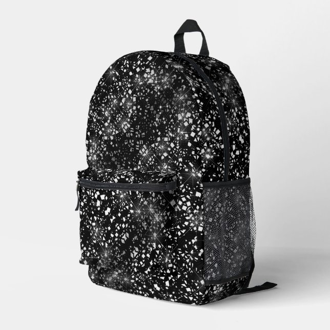 Silver Faux Glass Glitter Sparkle on Black Printed Backpack (Back Corner Right)