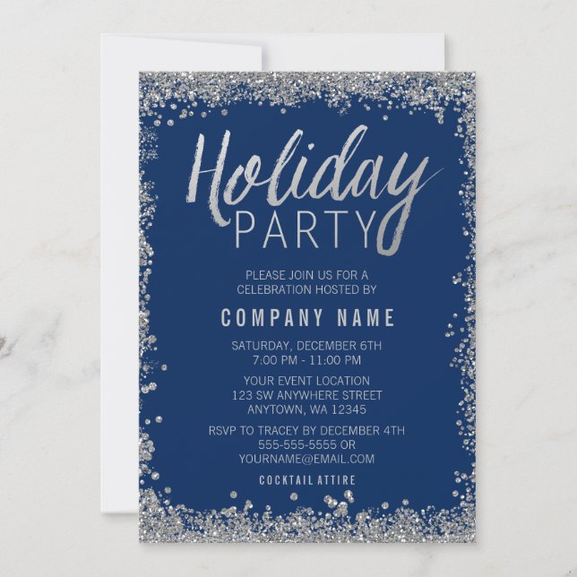 Silver Faux Glitter Blue Holiday Party Invitation (Front)