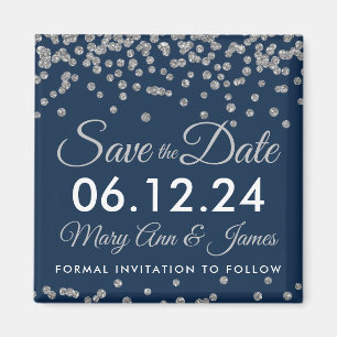 Silver Faux Glitter Confetti Navy Save The Date Magnet