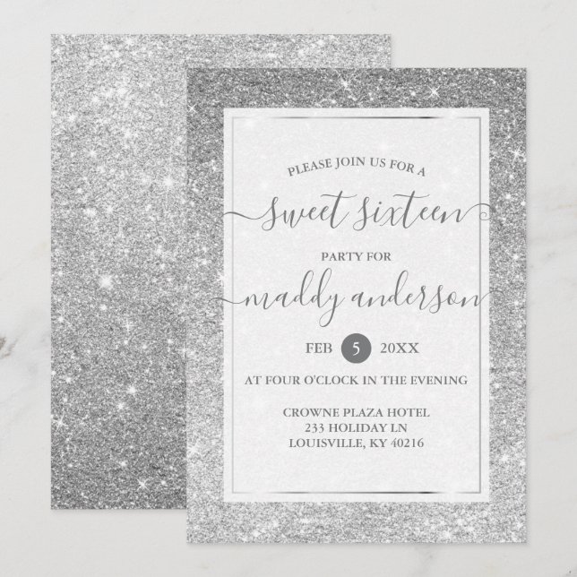 Silver Faux Glitter Elegant Sweet 16 Birthday Invitation (Front/Back)