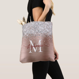 Silver Faux-Glitter Girly Glam Brown Personalized Tote Bag