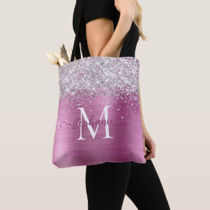 Silver Faux-Glitter Girly Glam Pink Personalized Tote Bag