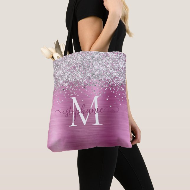Silver Faux-Glitter Girly Glam Pink Personalized Tote Bag (Close Up)