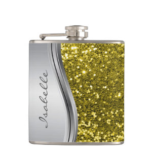 Silver Faux Glitter Glam Bling Personalized  Hip Flask