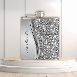Silver Faux Glitter Glam Bling Personalized Metal Hip Flask