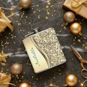 Silver Faux Glitter Glam Bling Personalized Metal Hip Flask