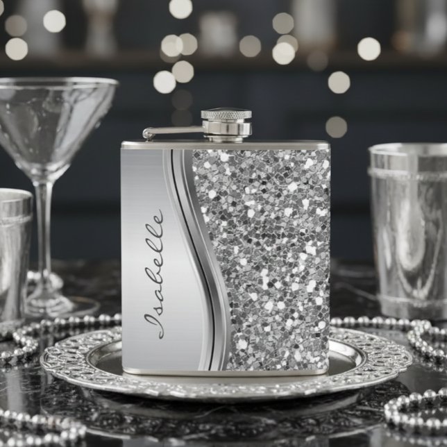 Silver Faux Glitter Glam Bling Personalized Metal Hip Flask (Creator Uploaded)