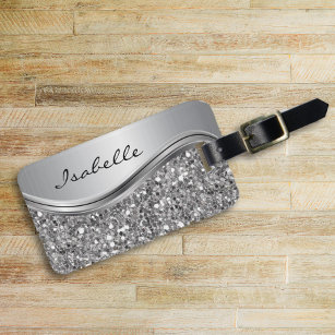 Silver Faux Glitter Glam Bling Personalized Metal Luggage Tag