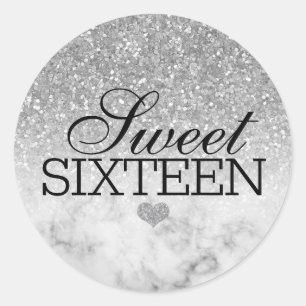 Silver Faux Glitter/Marble Sweet 16 Classic Round Sticker