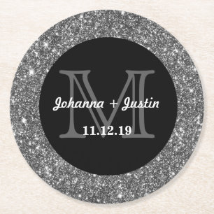 Silver Faux Glitter Shining Bling Wedding Monogram Round Paper Coaster