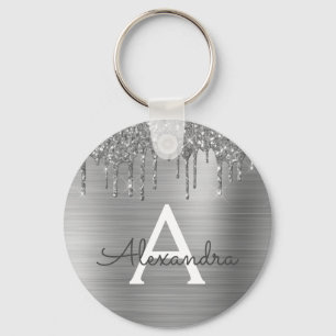 Silver Faux Glitter Stainless Steel Monogram Keychain