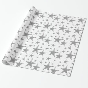 Silver Faux Glitter Stars Wrapping Paper